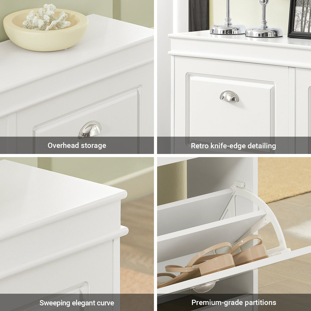 top surface of white shoe cabinet used as hallway display shelf