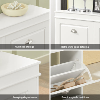 top surface of white shoe cabinet used as hallway display shelf