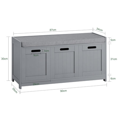 SoBuy FSR80-SG, Hallway Shoe Storage Bench Shoe Rack with Seat Cushion, Removable Cushion, Ample Storage with Drawer and Doors - Perfect for Hallway, Living Room, Bedroom - Grey, W90 x D35 x H45cm