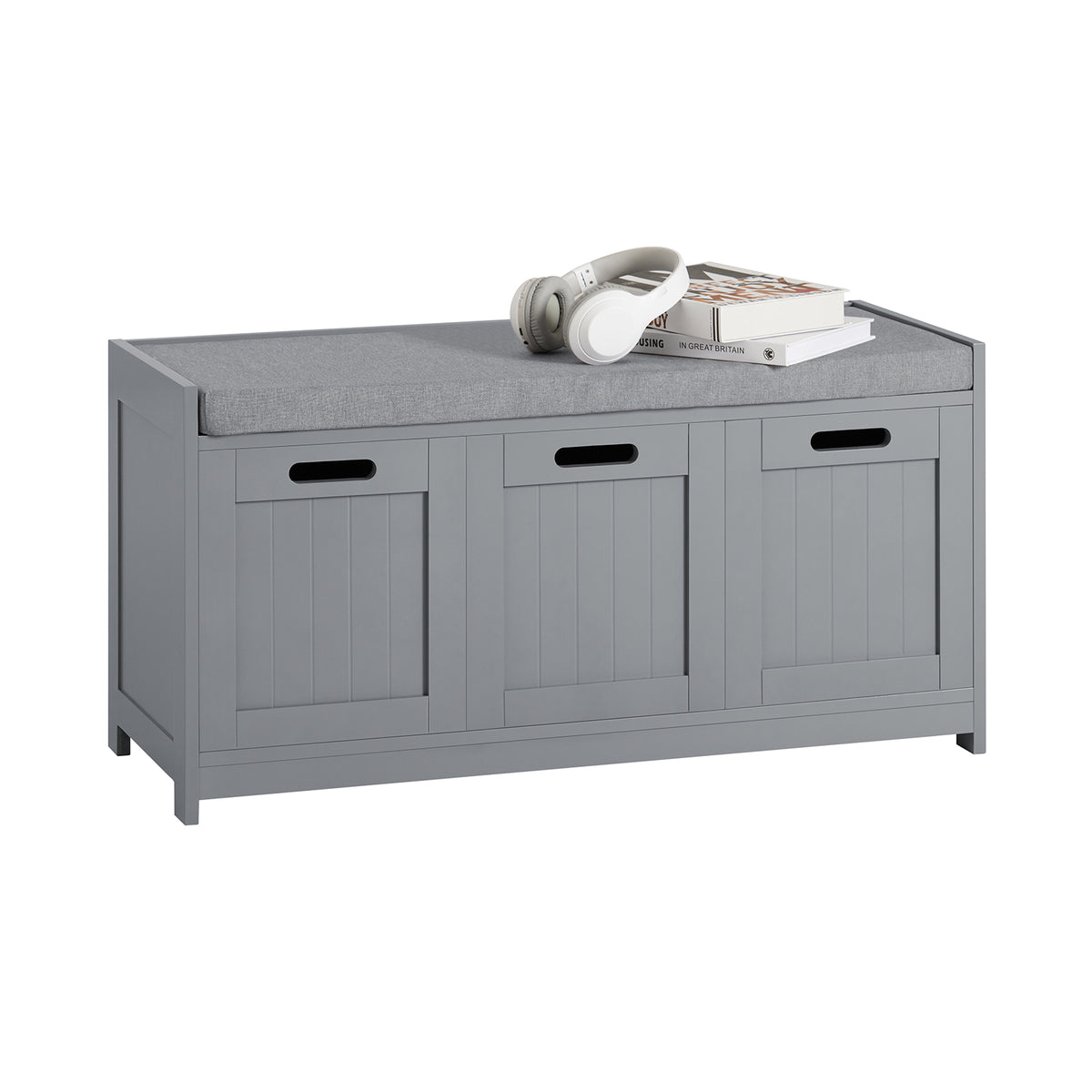 SoBuy FSR80-SG, Hallway Shoe Storage Bench Shoe Rack with Seat Cushion, Removable Cushion, Ample Storage with Drawer and Doors - Perfect for Hallway, Living Room, Bedroom - Grey, W90 x D35 x H45cm