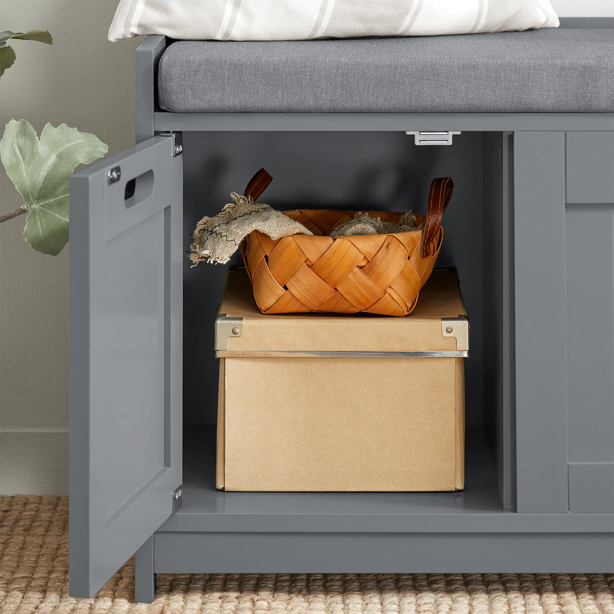 SoBuy FSR80-SG, Hallway Shoe Storage Bench Shoe Rack with Seat Cushion, Removable Cushion, Ample Storage with Drawer and Doors - Perfect for Hallway, Living Room, Bedroom - Grey, W90 x D35 x H45cm