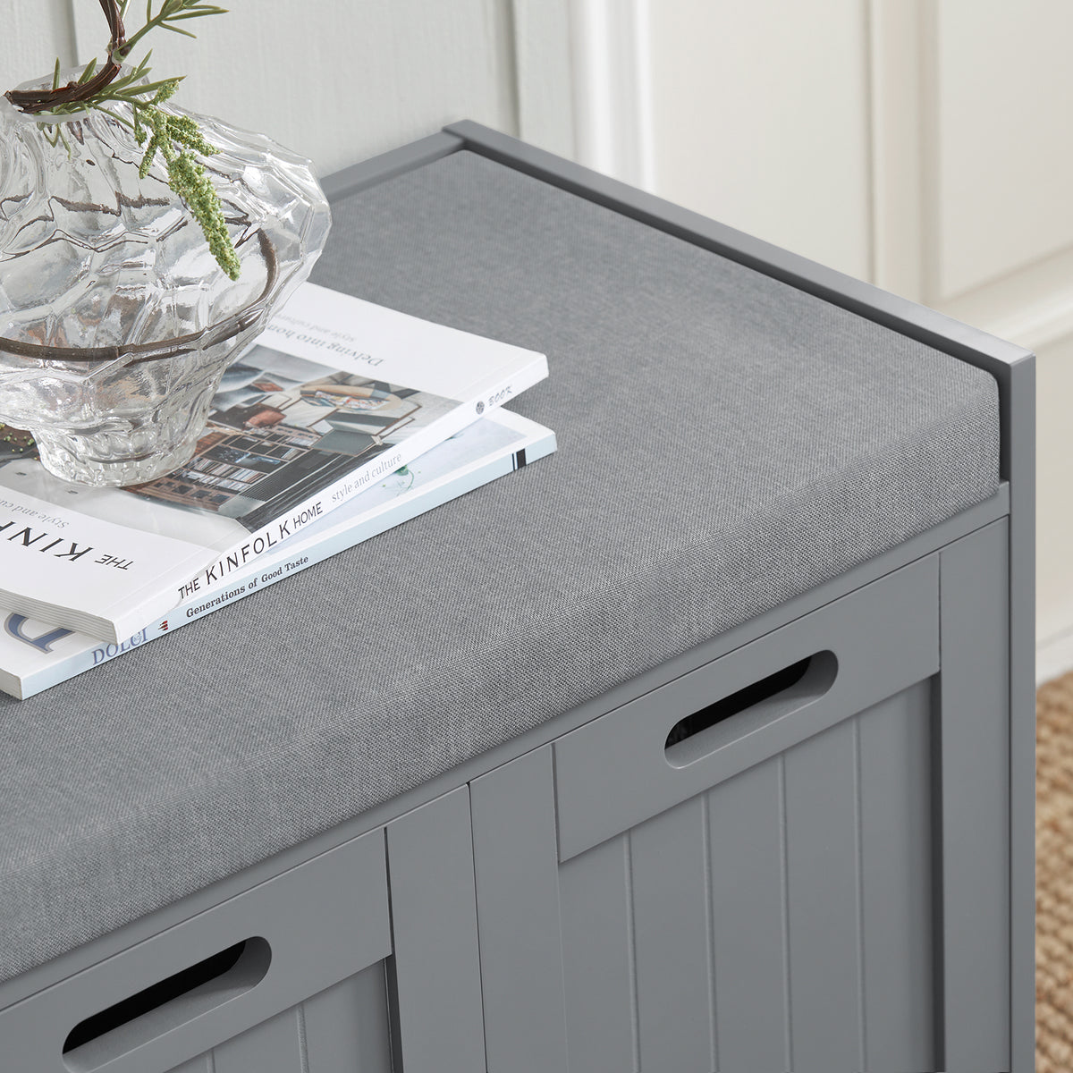 SoBuy FSR80-SG, Hallway Shoe Storage Bench Shoe Rack with Seat Cushion, Removable Cushion, Ample Storage with Drawer and Doors - Perfect for Hallway, Living Room, Bedroom - Grey, W90 x D35 x H45cm