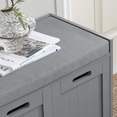SoBuy FSR80-SG, Hallway Shoe Storage Bench Shoe Rack with Seat Cushion, Removable Cushion, Ample Storage with Drawer and Doors - Perfect for Hallway, Living Room, Bedroom - Grey, W90 x D35 x H45cm