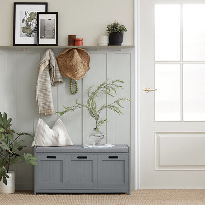 SoBuy FSR80-SG, Hallway Shoe Storage Bench Shoe Rack with Seat Cushion, Removable Cushion, Ample Storage with Drawer and Doors - Perfect for Hallway, Living Room, Bedroom - Grey, W90 x D35 x H45cm