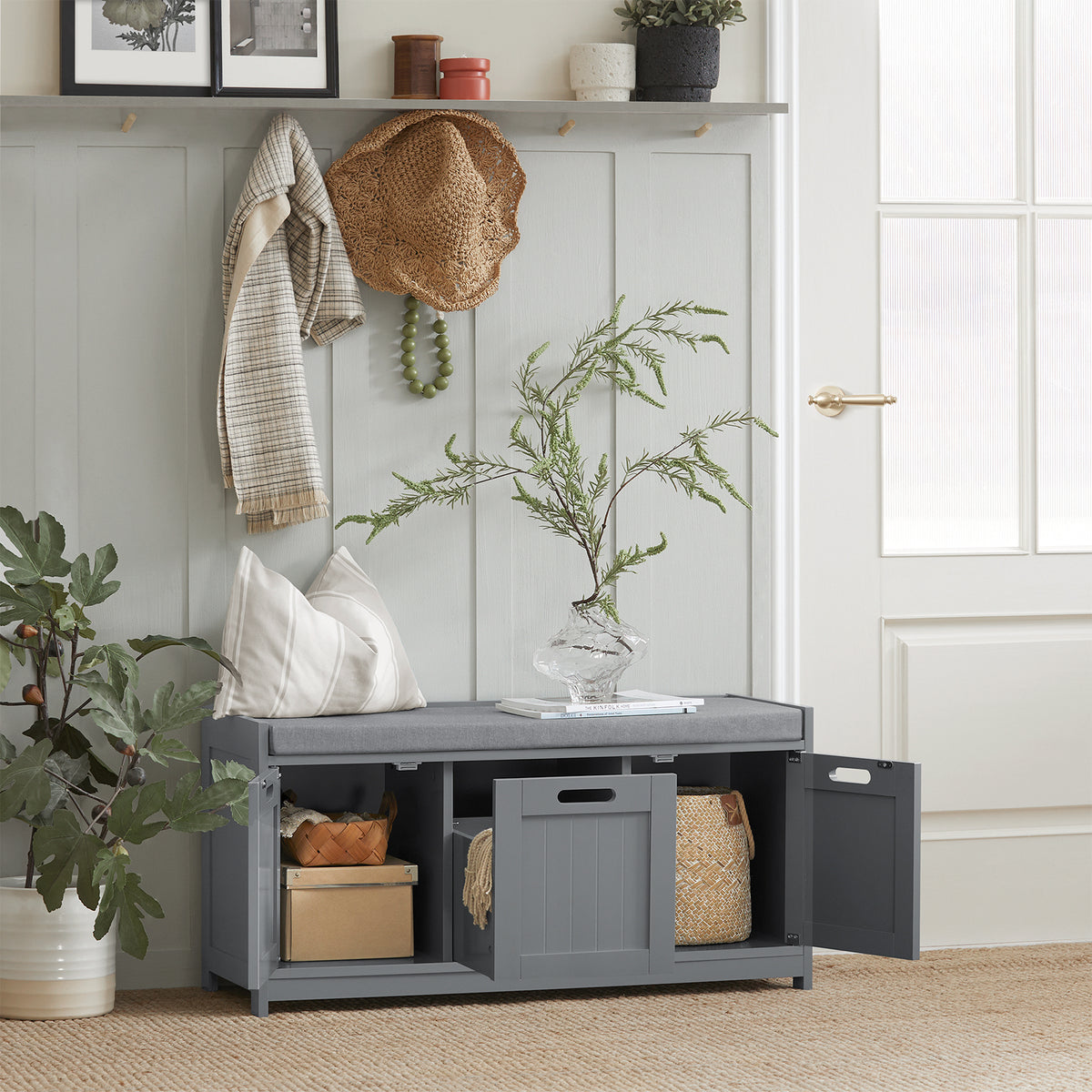 SoBuy FSR80-SG, Hallway Shoe Storage Bench Shoe Rack with Seat Cushion, Removable Cushion, Ample Storage with Drawer and Doors - Perfect for Hallway, Living Room, Bedroom - Grey, W90 x D35 x H45cm