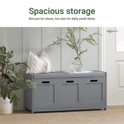 SoBuy FSR80-SG, Hallway Shoe Storage Bench Shoe Rack with Seat Cushion, Removable Cushion, Ample Storage with Drawer and Doors - Perfect for Hallway, Living Room, Bedroom - Grey, W90 x D35 x H45cm