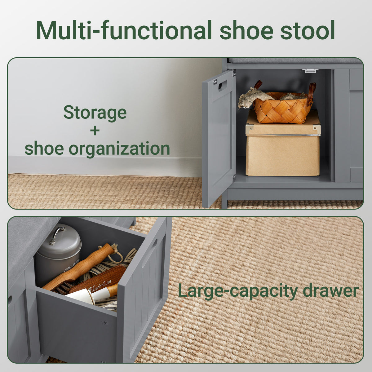 SoBuy FSR80-SG, Hallway Shoe Storage Bench Shoe Rack with Seat Cushion, Removable Cushion, Ample Storage with Drawer and Doors - Perfect for Hallway, Living Room, Bedroom - Grey, W90 x D35 x H45cm