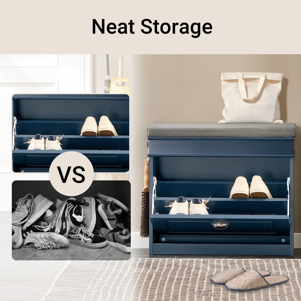 SoBuy Blue Hallway Storage Bench – Flip-Top Drawer Conceals Clutter Instantly