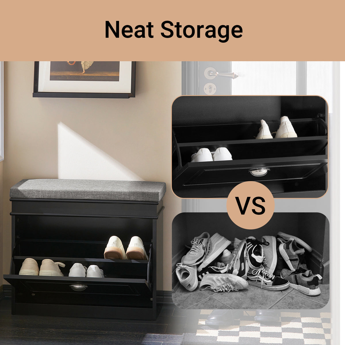 SoBuy FSR82-K-SCH hallway shoe bench features overview – black slim cabinet with padded seat
