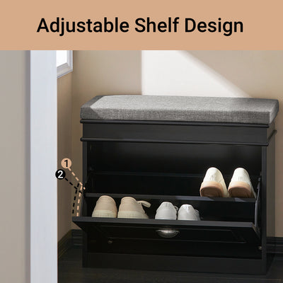 SoBuy FSR82-K-SCH flip drawer open showing 2-tier shoe rack – hidden storage compartment detail