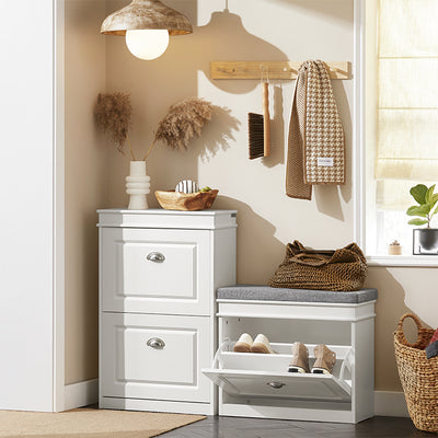 White hallway shoe bench with flip drawer & padded seat.