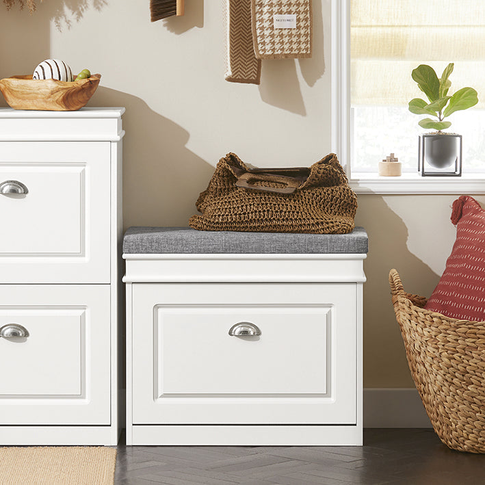 slim white shoe storage bench in hallway entrance 60cm wide