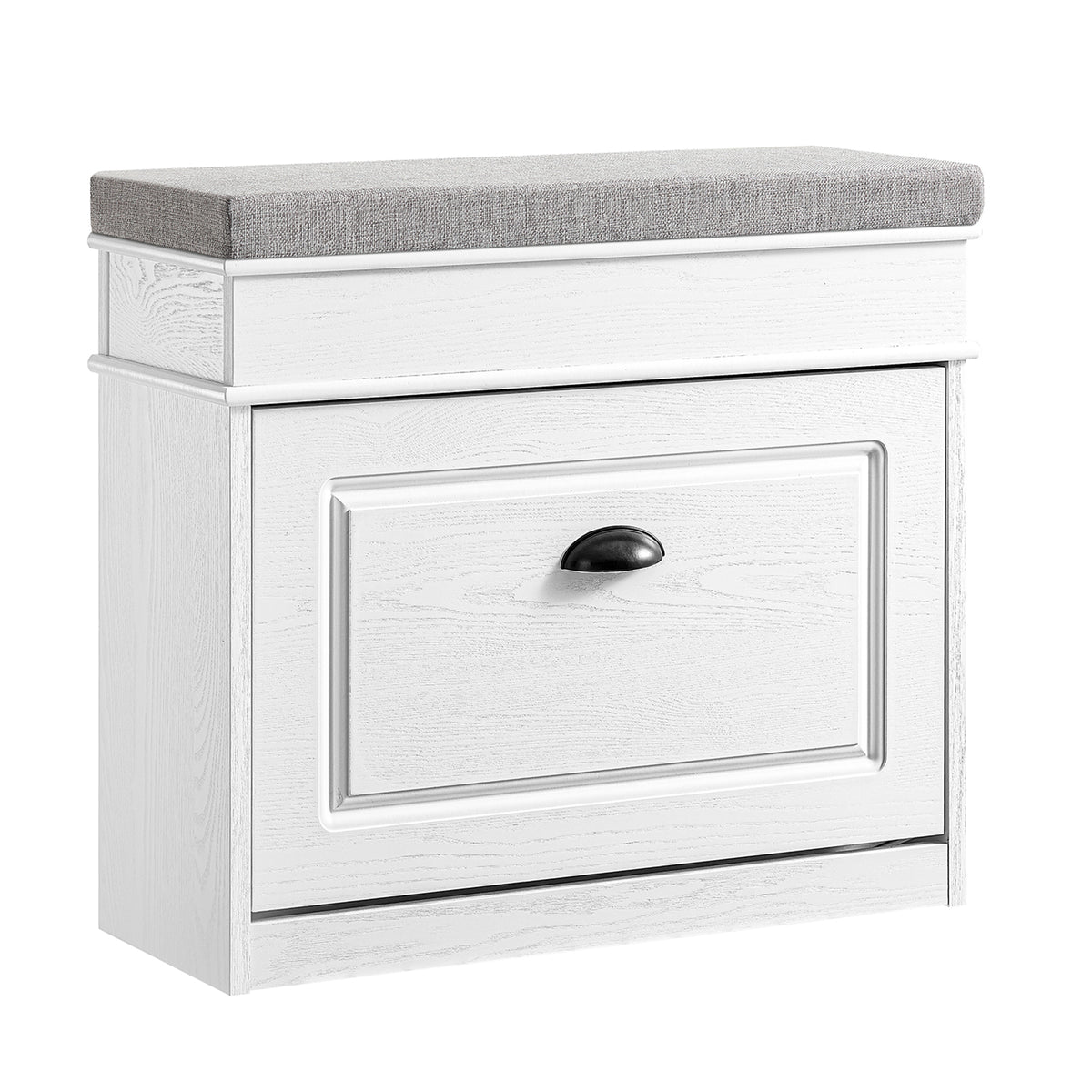 SoBuy FSR82-K-WG, Shoe Storage Bench with Seat Cushion - Narrow Shoe Cabinet with Flip Drawer, 2-Tier Rack, 113kg Load - Hallway Storage Unit for Small Spaces, White Vintage Wood Grain Effect, W61xD24xH51cm