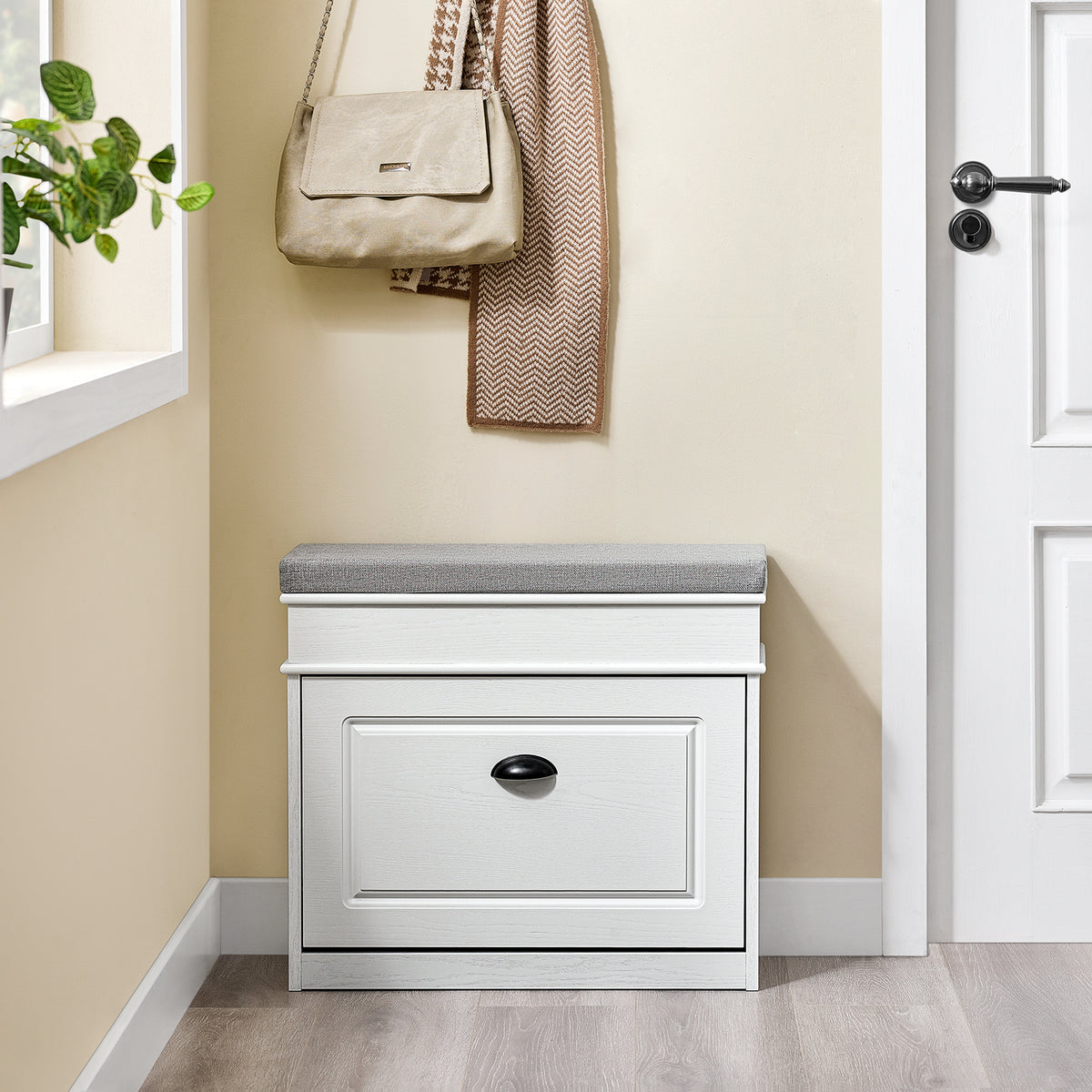 SoBuy FSR82-K-WG, Shoe Storage Bench with Seat Cushion - Narrow Shoe Cabinet with Flip Drawer, 2-Tier Rack, 113kg Load - Hallway Storage Unit for Small Spaces, White Vintage Wood Grain Effect, W61xD24xH51cm