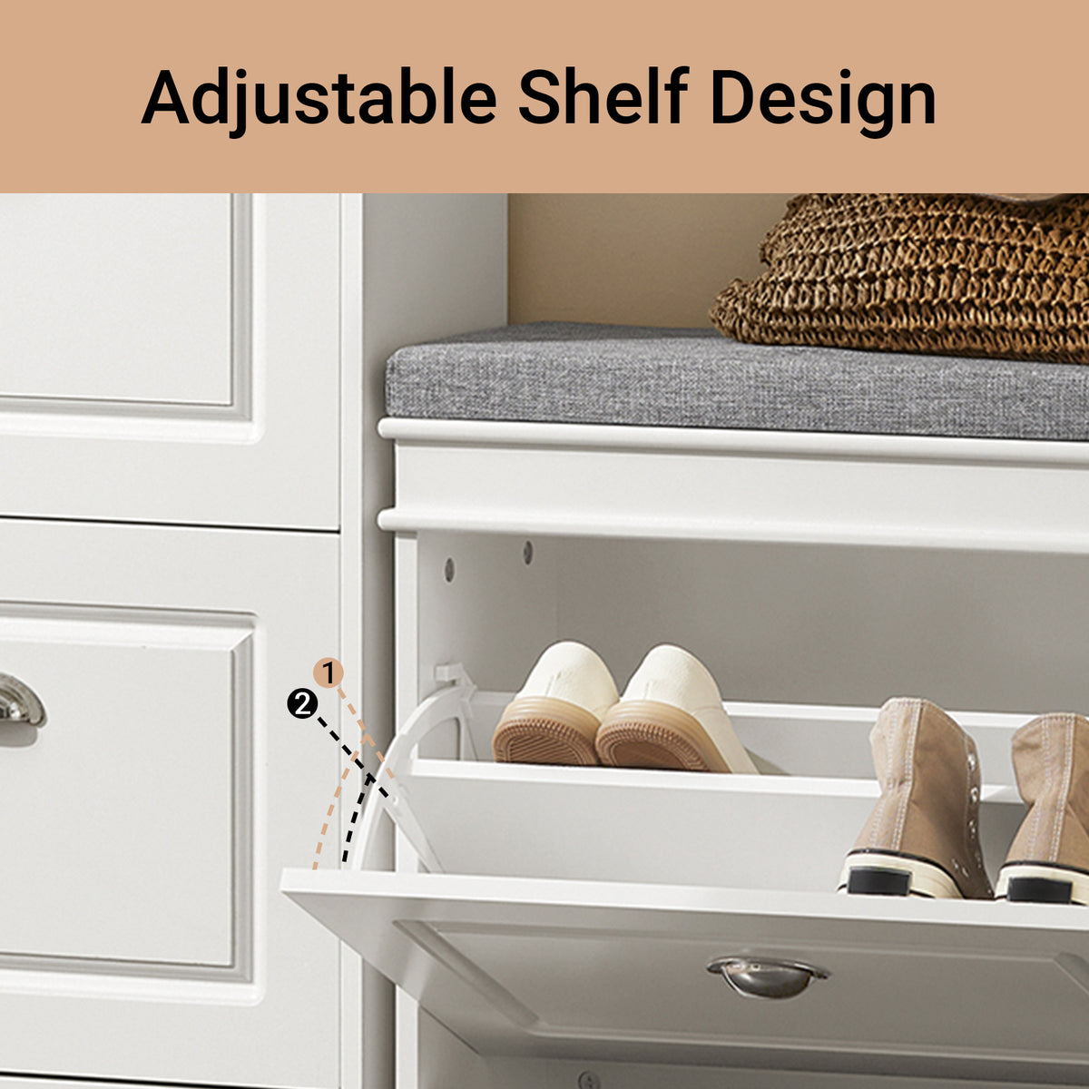 Features a convenient flip-drawer with 2-tier rack, perfect for storing shoes in a narrow bench form.