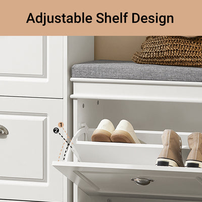 Features a convenient flip-drawer with 2-tier rack, perfect for storing shoes in a narrow bench form.