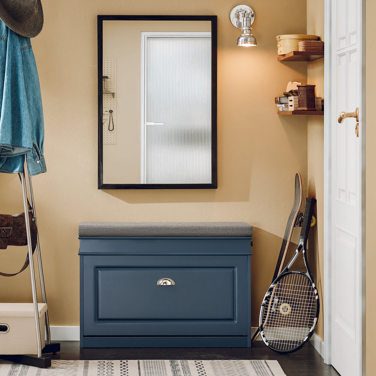 SoBuy Hallway Shoe Bench with Soft Padded Seat – Stylish Blue Finish for Modern Homes