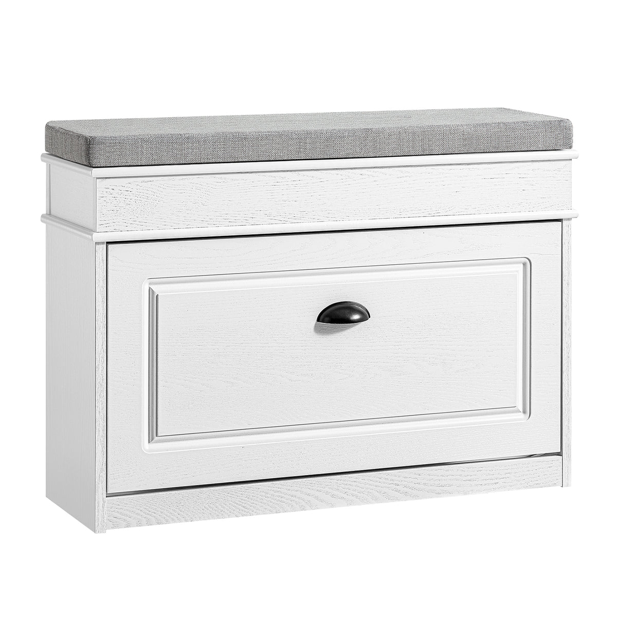 SoBuy FSR82-L-WG narrow shoe storage bench with grey seat cushion and flip drawer – white vintage wood grain effect, white background