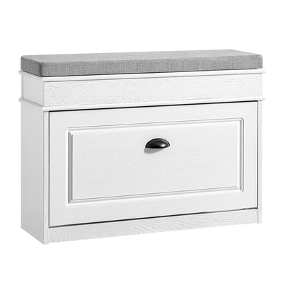 SoBuy FSR82-L-WG narrow shoe storage bench with grey seat cushion and flip drawer – white vintage wood grain effect, white background