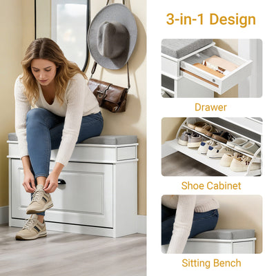 SoBuy FSR82-L-WG detail – 24cm depth, pre-installed drawer track, 4cm thick cushion and adjustable shoe shelf