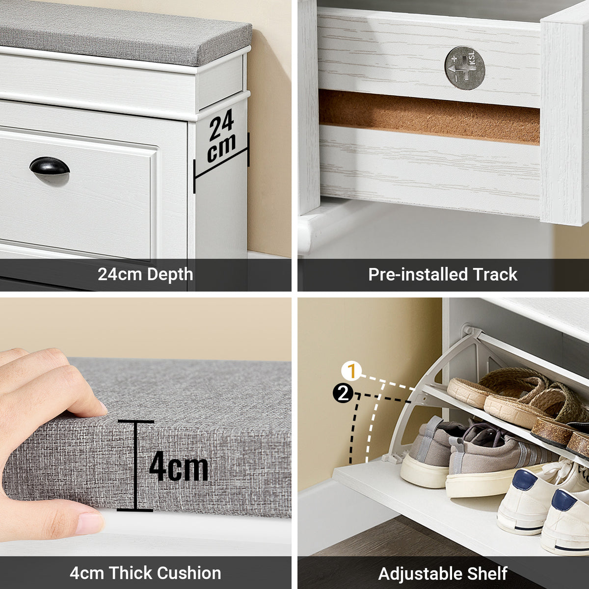 SoBuy FSR82-L-WG narrow hallway shoe storage bench overview – white vintage wood grain effect with grey cushion and flip drawer