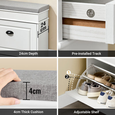 SoBuy FSR82-L-WG narrow hallway shoe storage bench overview – white vintage wood grain effect with grey cushion and flip drawer