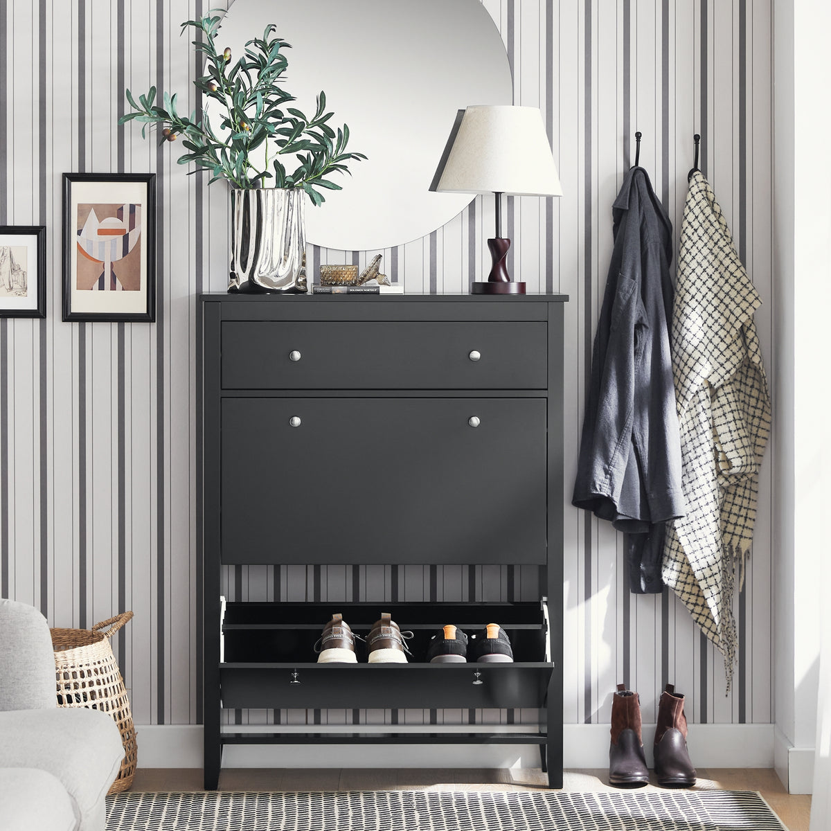 SoBuy FSR89-SCH in hallway setting – slim 25cm deep black shoe cabinet with 2 flip-down drawers