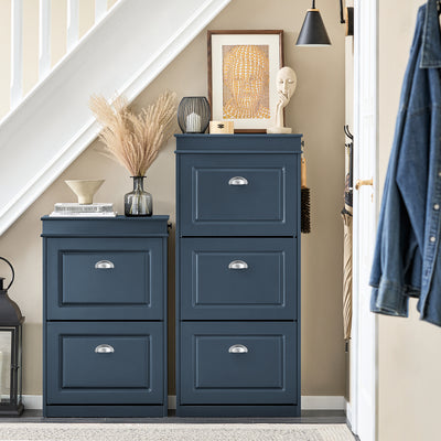 Slim blue hallway shoe cupboard 53cm wide in entryway.