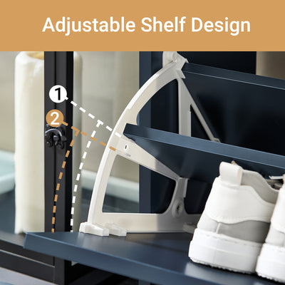 Featuring 3 flip drawers, the unit accommodates up to 12 pairs of shoes.