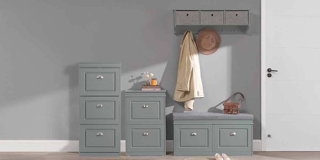 SoBuy FSR82-K-HG+FSR79-HG, Shoe Bench + Shoe Cabinet With Flip Drawers, 24cm Depth Grey Hallway Set