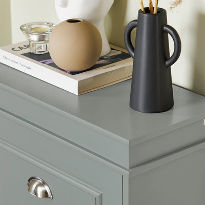 Top surface of grey shoe cupboard used as hallway display shelf.
