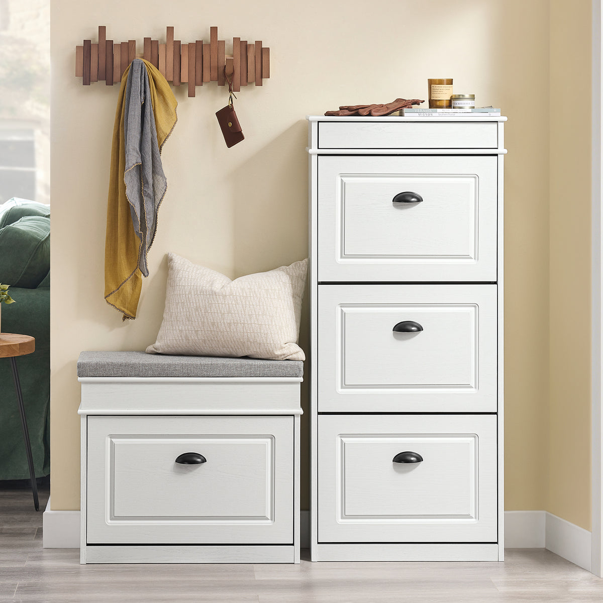 SoBuy FSR94-WG, Shoe Rack Cabinet with 3 Flip Drawers, Slim Shoe Storage Cabinet Hallway, Entryway, Corridor, Small Spaces, MDF Wooden Cupboard, White Vintage Wood Grain Effect, 53x24x118cm