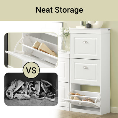 SoBuy FSR64-W+FSR94-W, Shoe Bench + Shoe Cabinet With Flip Drawers, 24cm Depth White Hallway Set
