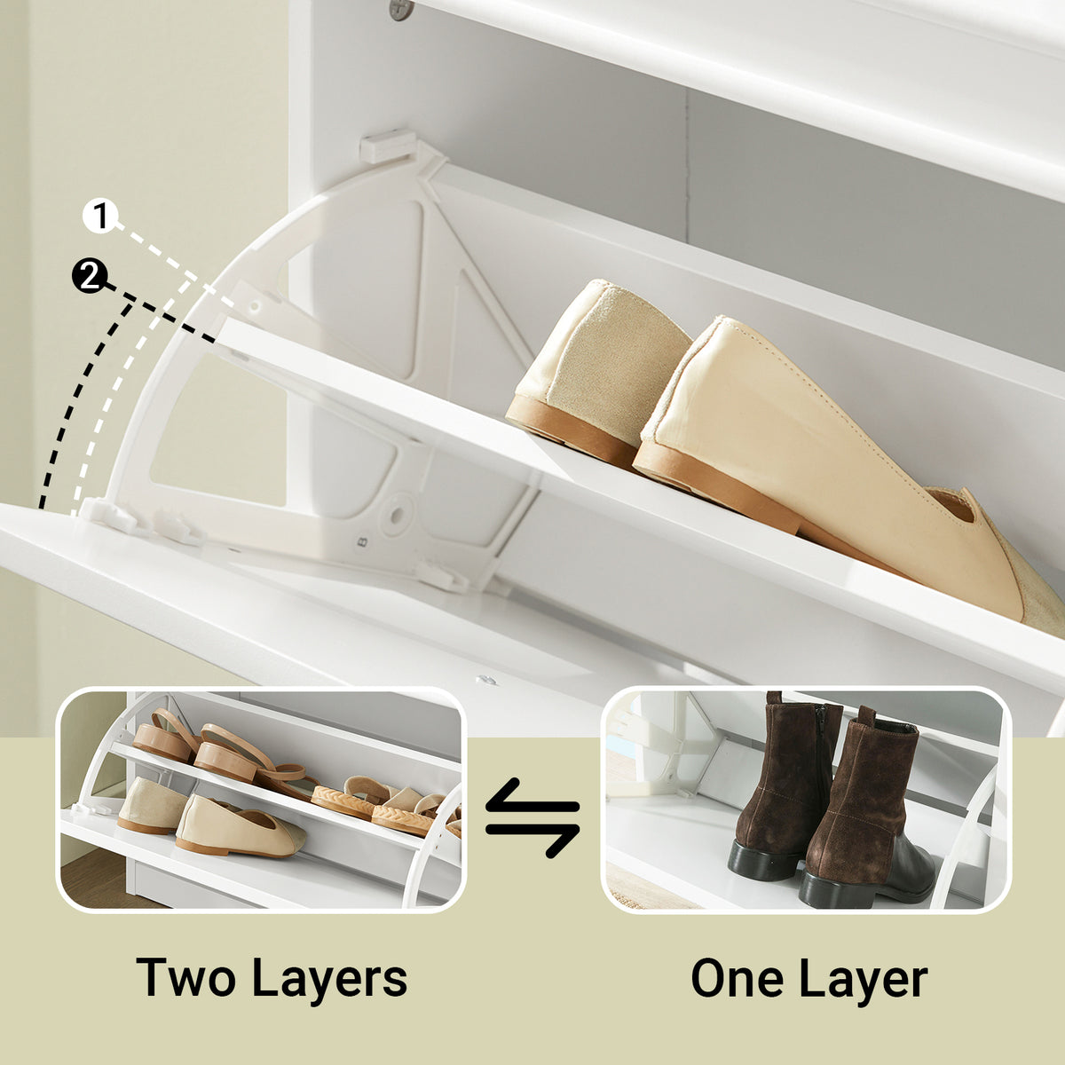 Adjustable shelf with two height settings accommodates shoes of various sizes and styles.