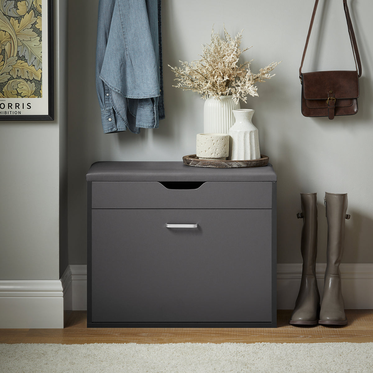 SoBuy FSR95-HG, Hallway Shoe Rack Shoe Bench Shoe Cabinet with Folding Padded Seat, Grey
