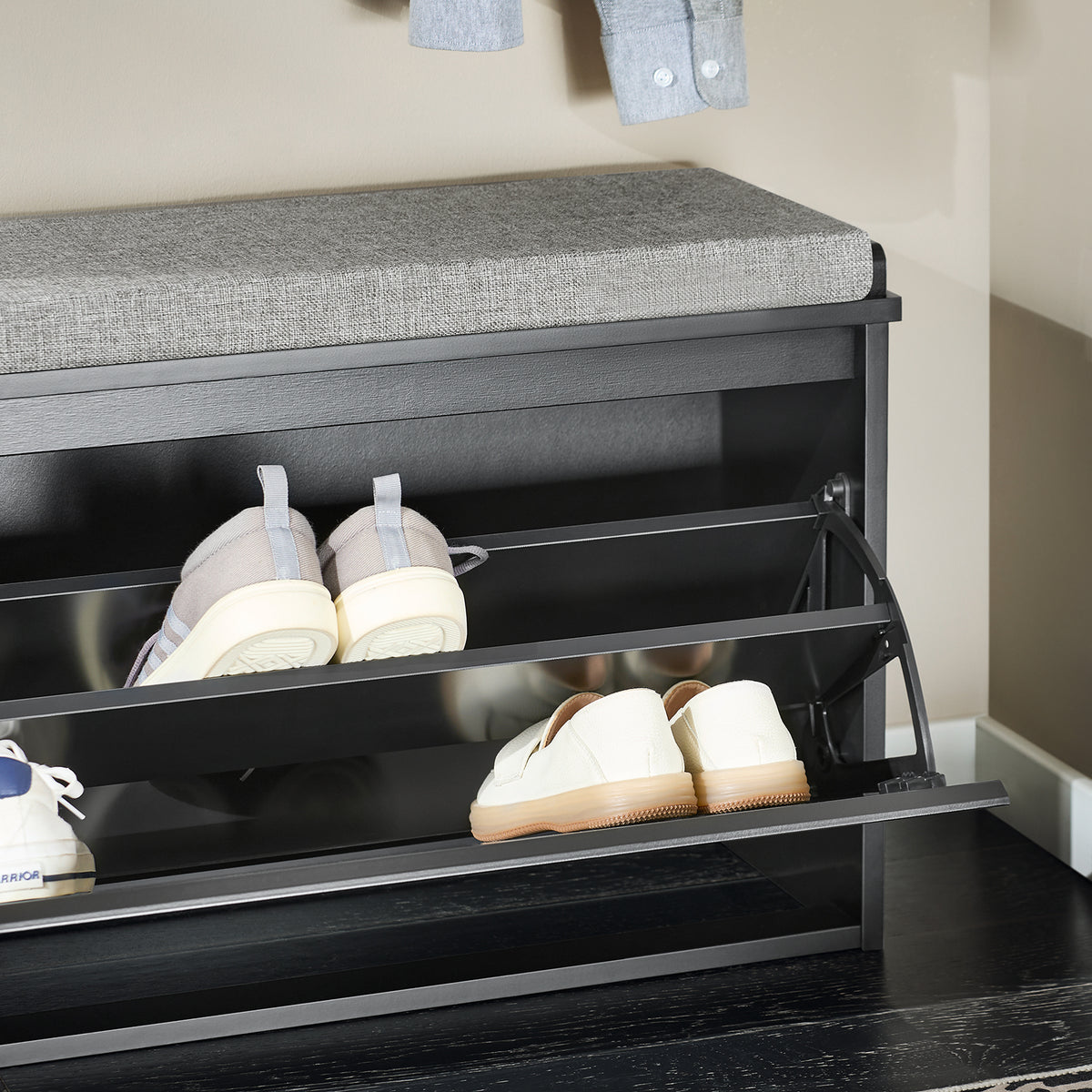 SoBuy FSR98-L-SCH, Shoe Storage Bench with Cushion - Shoe Rack & Cabinet with Flip Drawers, Modern Design, Space-Saving, 155kg Load Capacity, Ideal for Hallway & Living Room, Black W80 x D26 x H45cm