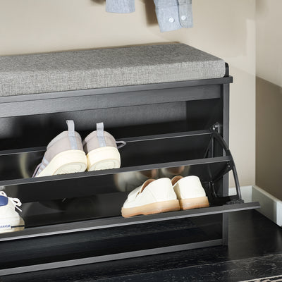 SoBuy FSR98-L-SCH, Shoe Storage Bench with Cushion - Shoe Rack & Cabinet with Flip Drawers, Modern Design, Space-Saving, 155kg Load Capacity, Ideal for Hallway & Living Room, Black W80 x D26 x H45cm