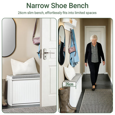 SoBuy FSR98-L-W Shoe Storage Bench with Cushion — Hallway Shoe Rack with Flip Drawers, 155kg Capacity, Seat & Hidden Storage, White W80×D26×H45cm