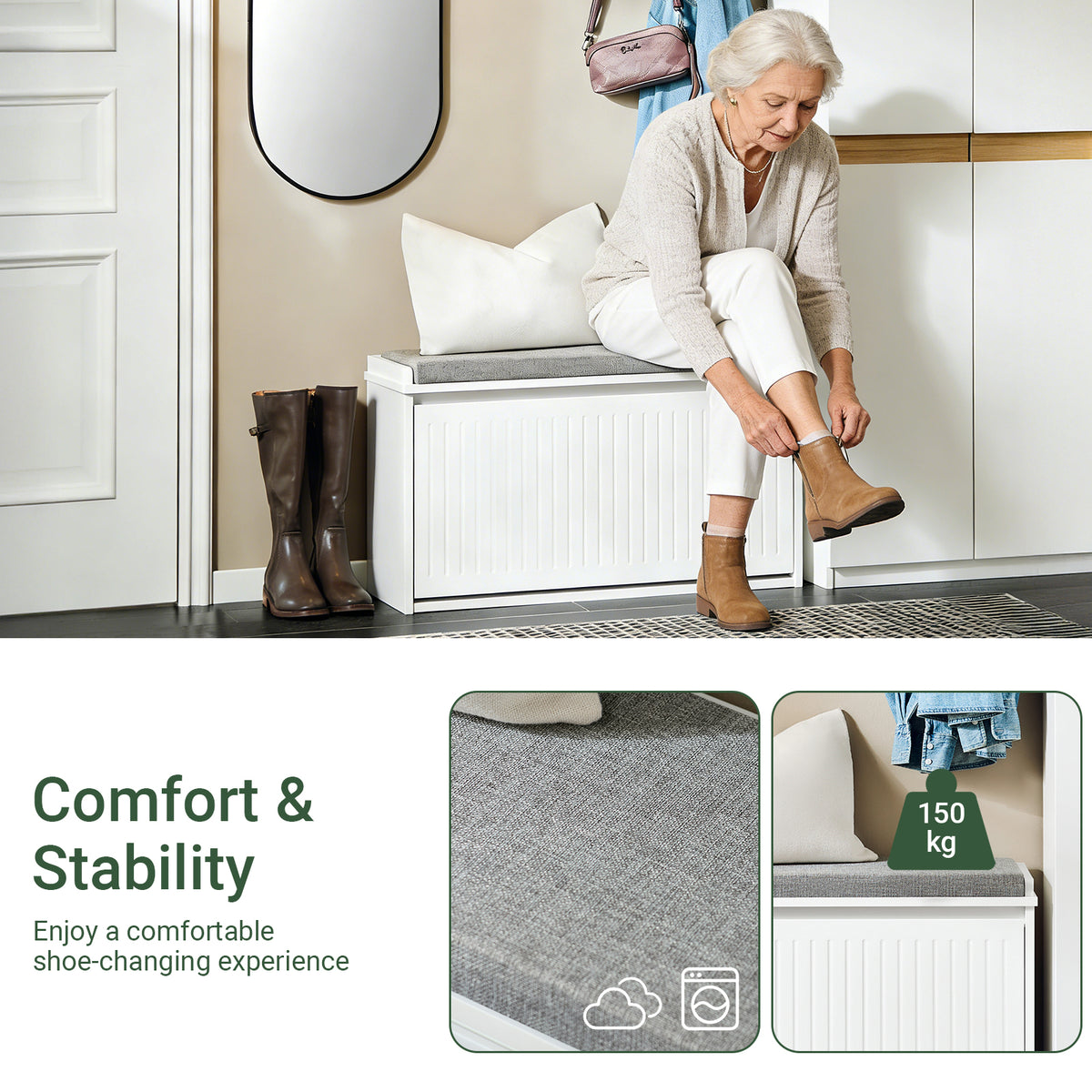 SoBuy FSR98-L-W Shoe Storage Bench with Cushion — Hallway Shoe Rack with Flip Drawers, 155kg Capacity, Seat & Hidden Storage, White W80×D26×H45cm