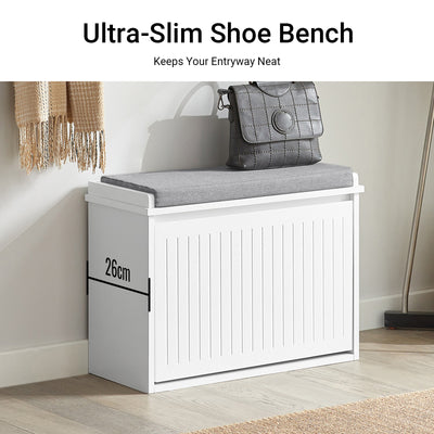 SoBuy FSR98-W, Shoe Storage Bench with Cushion - Shoe Rack & Cabinet with Flip Drawers, Modern Design, Space-Saving, 150kg Load Capacity, Ideal for Hallway & Living Room, White W62 x D26 x H46cm