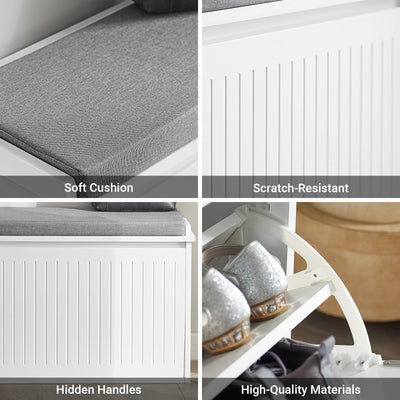 SoBuy FSR98-W, Shoe Storage Bench with Cushion - Shoe Rack & Cabinet with Flip Drawers, Modern Design, Space-Saving, 150kg Load Capacity, Ideal for Hallway & Living Room, White W62 x D26 x H46cm