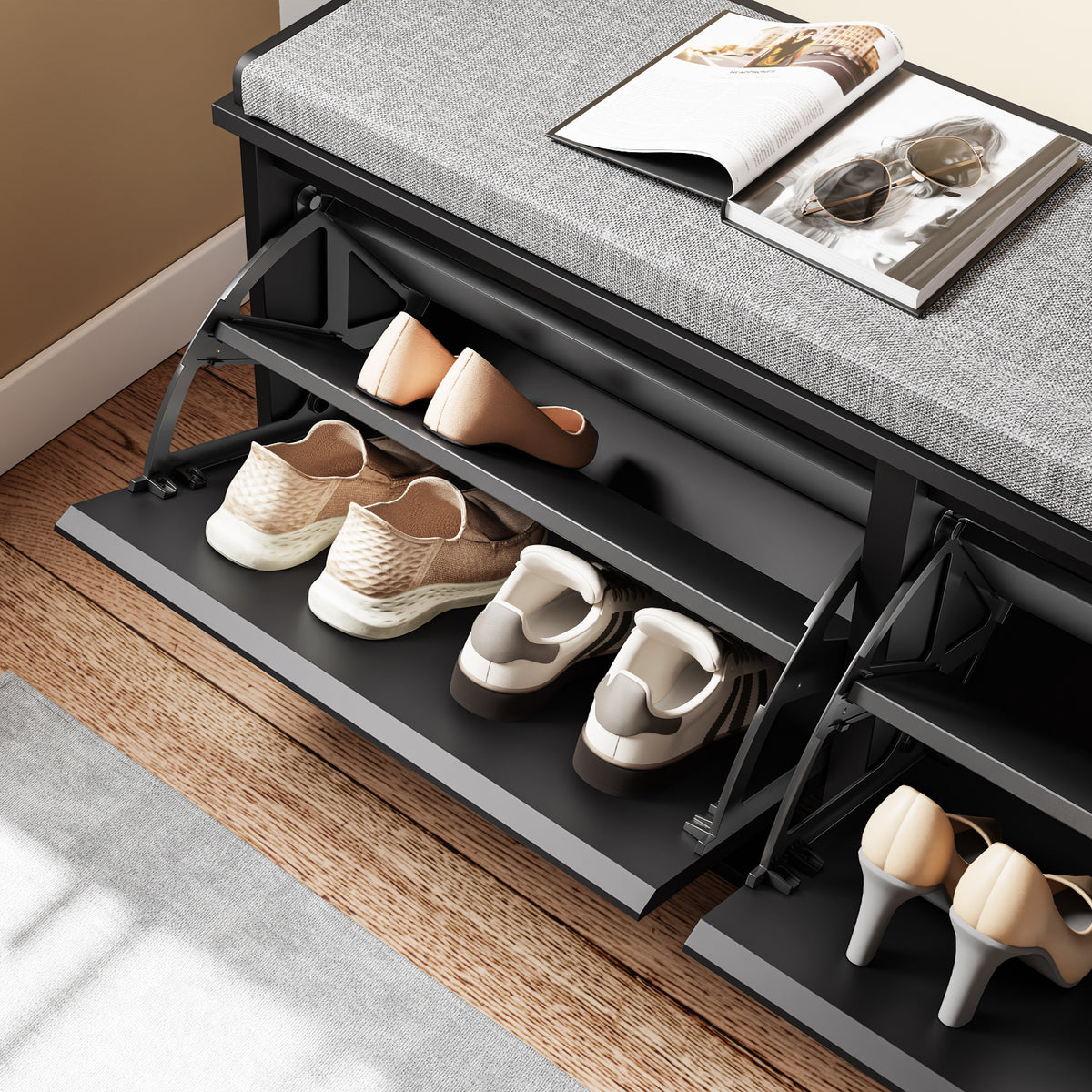 SoBuy FSR98-XL-SCH, Shoe Storage Bench with Cushion - Shoe Rack & Cabinet with Flip Drawers, Modern Design, Space-Saving, 158kg Load Capacity, Ideal for Hallway & Living Room, Black W100 x D26 x H46cm