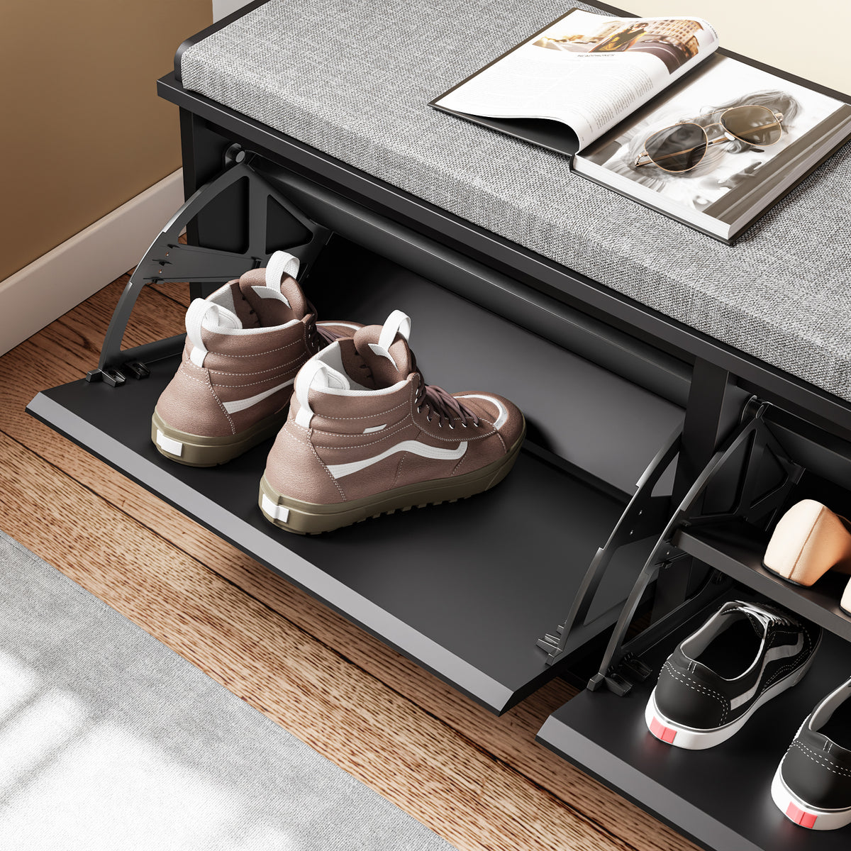 SoBuy FSR98-XL-SCH, Shoe Storage Bench with Cushion - Shoe Rack & Cabinet with Flip Drawers, Modern Design, Space-Saving, 158kg Load Capacity, Ideal for Hallway & Living Room, Black W100 x D26 x H46cm