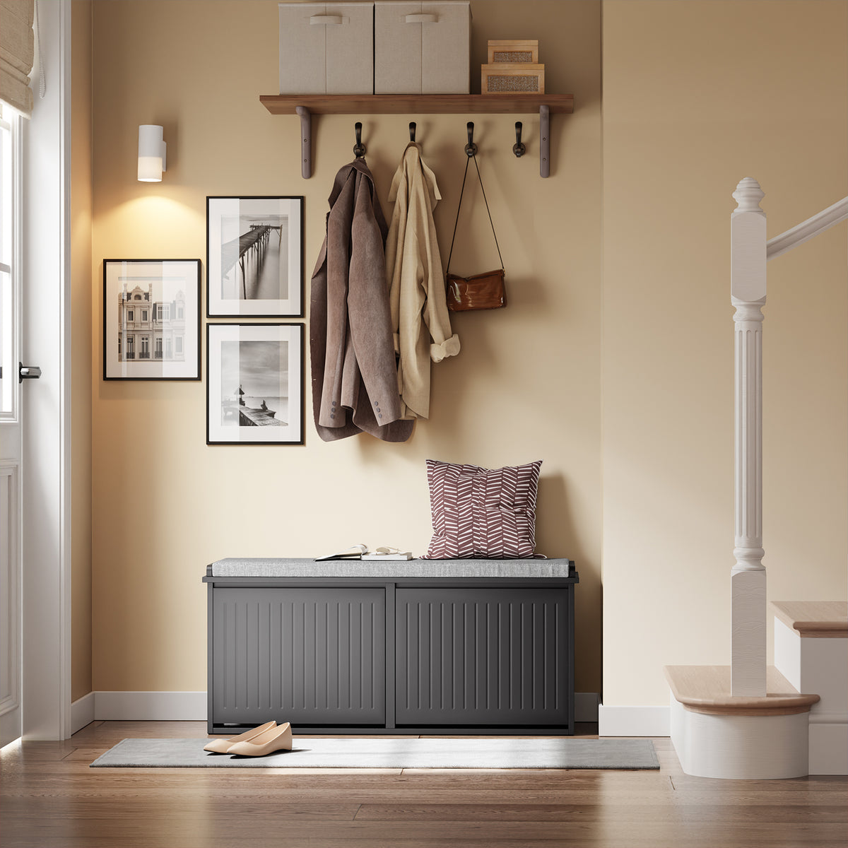 SoBuy FSR98-XL-SCH, Shoe Storage Bench with Cushion - Shoe Rack & Cabinet with Flip Drawers, Modern Design, Space-Saving, 158kg Load Capacity, Ideal for Hallway & Living Room, Black W100 x D26 x H46cm