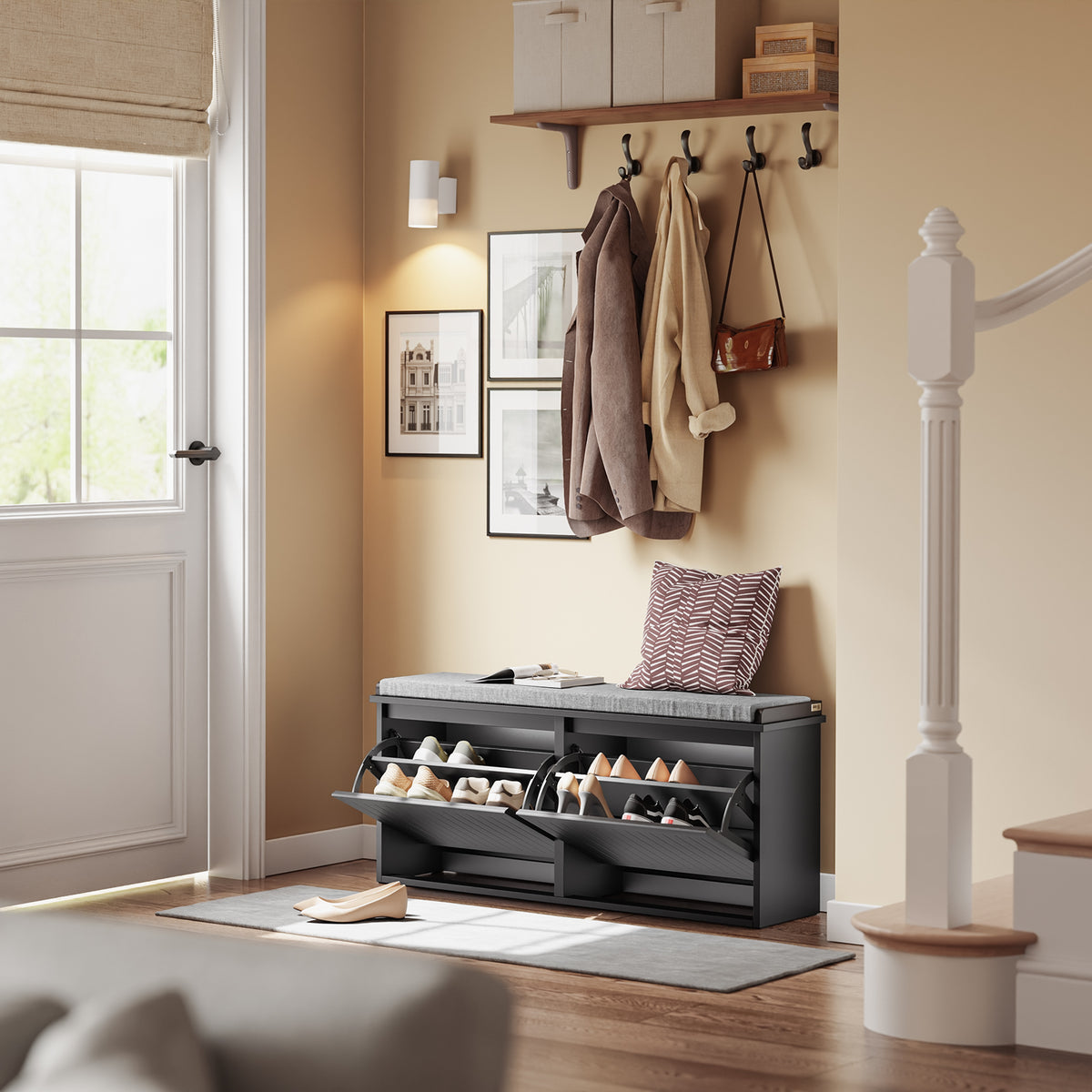 SoBuy FSR98-XL-SCH, Shoe Storage Bench with Cushion - Shoe Rack & Cabinet with Flip Drawers, Modern Design, Space-Saving, 158kg Load Capacity, Ideal for Hallway & Living Room, Black W100 x D26 x H46cm