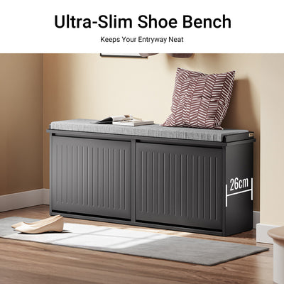 SoBuy FSR98-XL-SCH, Shoe Storage Bench with Cushion - Shoe Rack & Cabinet with Flip Drawers, Modern Design, Space-Saving, 158kg Load Capacity, Ideal for Hallway & Living Room, Black W100 x D26 x H46cm