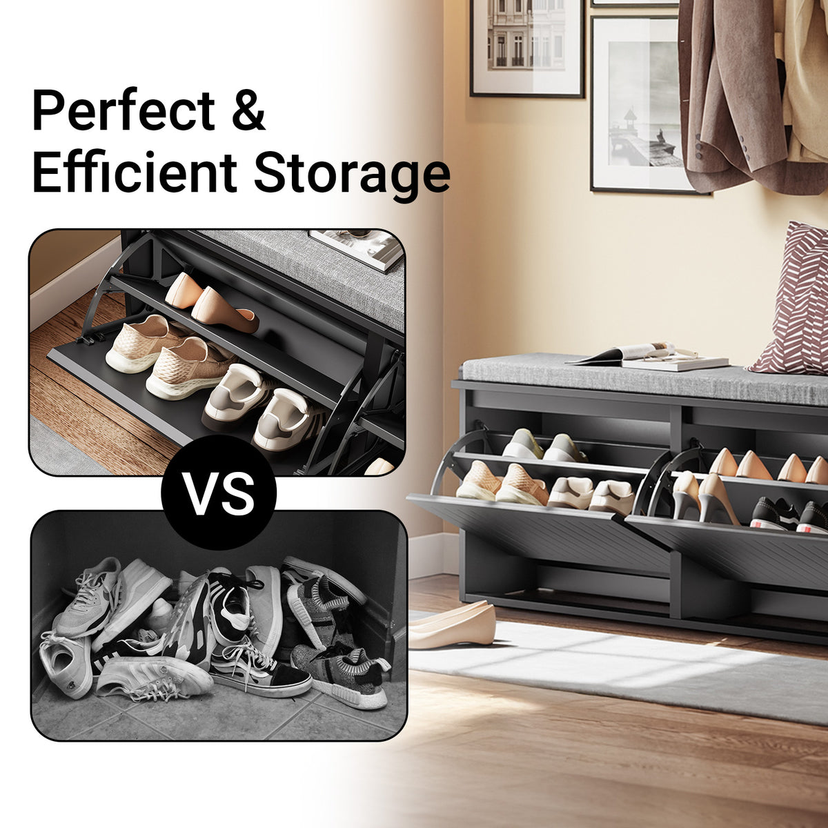 SoBuy FSR98-XL-SCH, Shoe Storage Bench with Cushion - Shoe Rack & Cabinet with Flip Drawers, Modern Design, Space-Saving, 158kg Load Capacity, Ideal for Hallway & Living Room, Black W100 x D26 x H46cm