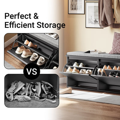 SoBuy FSR98-XL-SCH, Shoe Storage Bench with Cushion - Shoe Rack & Cabinet with Flip Drawers, Modern Design, Space-Saving, 158kg Load Capacity, Ideal for Hallway & Living Room, Black W100 x D26 x H46cm