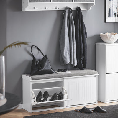 SoBuy FSR98-XL-W, Hallway Shoe Bench Shoe Rack Shoe Cabinet with Seat Cushion and 2 Flip-drawers, White