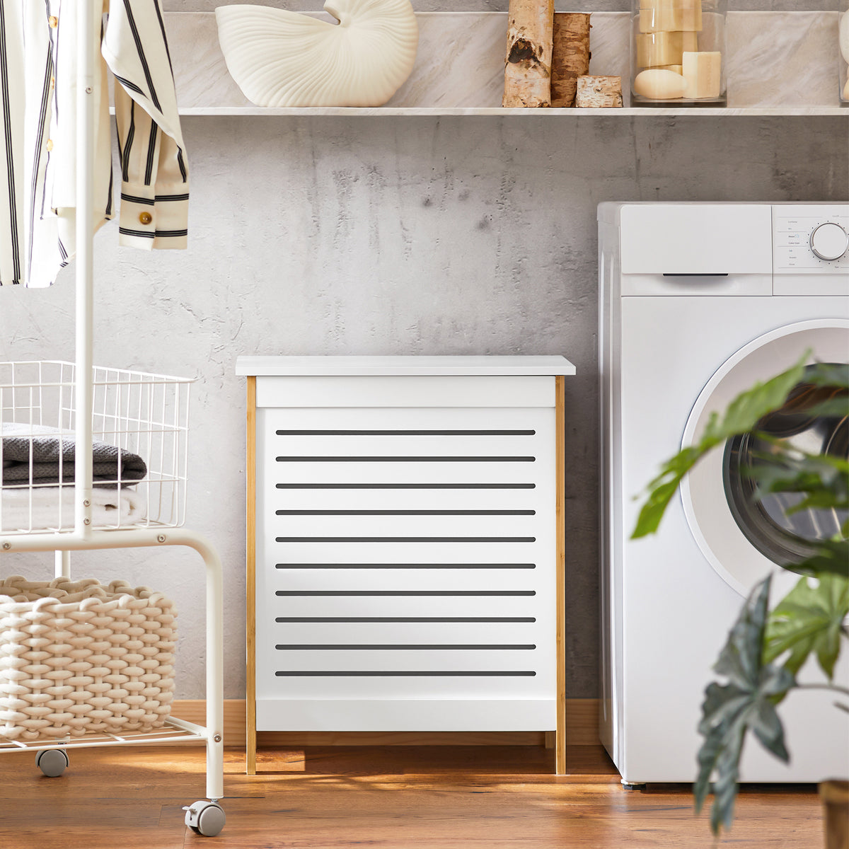 SoBuy FSS66-WN, Laundry Basket Laundry Bin Laundry Storage Box Hamper with Hinged Lid, White